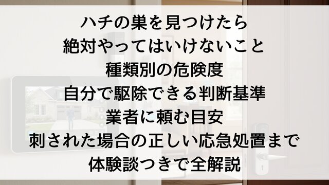【ハチの巣を見つけたら絶対やってはいけないこと】種類別の危険度・自分で駆除できる判断基準・業者に頼む目安！刺された場合の正しい応急処置まで体験談つきで全解説【2026年版】