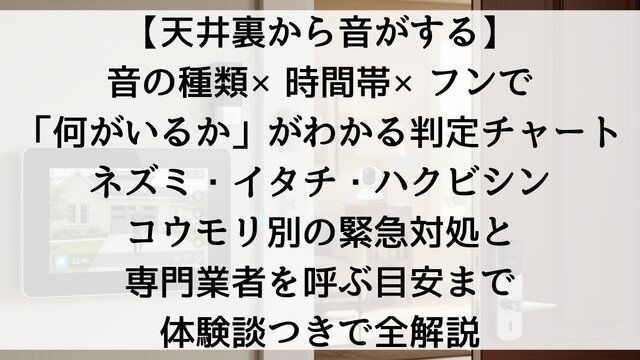 【天井裏から音がする】音の種類×時間帯×フンで「何がいるか」がわかる判定チャート！ネズミ・イタチ・ハクビシン・コウモリ別の緊急対処と専門業者を呼ぶ目安まで体験談つきで全解説【2026年版】