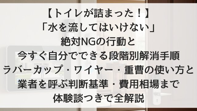 【トイレが詰まった！】「水を流してはいけない」絶対NGの行動と今すぐ自分でできる段階別解消手順！ラバーカップ・ワイヤー・重曹の使い方と業者を呼ぶ判断基準・費用相場まで体験談つきで全解説【2026年版】